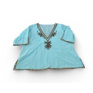 Soft Surroundings 3/4 Sleeve Beaded Aqua Tunic Top Plus Sz 3X Boho Silk Sheer SE